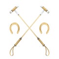 Minimalistic watercolor illustrations of golden horseshoes and horse polo sticks , isolated. Illustration on the theme