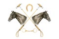 Minimalistic watercolor illustrations of horse portrait, golden horseshoes, snaffles and horse polo sticks , isolated