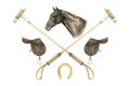 Minimalistic watercolor illustrations of horse portrait, saddles, golden horseshoes and horse polo sticks , isolated