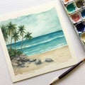 Minimalistic Watercolor Painting Of Beach With Dark Beige And Teal Colors