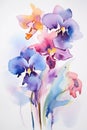 Minimalistic watercolor painting of blue and pink iris flowers. Floral poster, printable wall art, vertical botanical decor