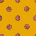 Minimalistic watermelon pink little half seamless pattern. Orange bright background. Summer food shapes