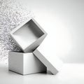 Minimalistic white box with silver glitter explosion on a bright white background, copy space Royalty Free Stock Photo