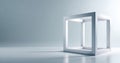 Minimalistic white hollow cube sculpture on reflective surface with soft gradient background and subtle shadows in modern studio Royalty Free Stock Photo