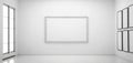 Minimalistic white interior of contemporary gallery with blank frames on the wall, visual art mockup. Generative AI illustration Royalty Free Stock Photo