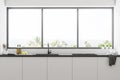 Minimalistic white kitchen interior, window Royalty Free Stock Photo