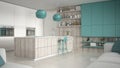 Minimalistic white kitchen with wooden and turquoise details, mi Royalty Free Stock Photo