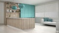 Minimalistic white kitchen with wooden and turquoise details, mi Royalty Free Stock Photo