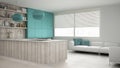 Minimalistic white kitchen with wooden and turquoise details, mi Royalty Free Stock Photo