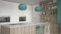 Minimalistic white kitchen with wooden and turquoise details, mi Royalty Free Stock Photo