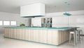 Minimalistic white kitchen with wooden and turquoise details, mi Royalty Free Stock Photo