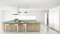 Minimalistic white kitchen with wooden and turquoise details, mi Royalty Free Stock Photo