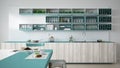 Minimalistic white kitchen with wooden and turquoise details, vegetarian breakfast, minimal interior design Royalty Free Stock Photo