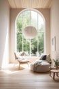 Minimalistic white scandinavian living room interior, sofa, armchair cushions with large windows in sunlight. Copy space