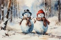 minimalistic winter background in beige shades with two snowman