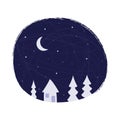 Minimalistic winter illustration. House and Christmas trees against the background of the night sky with stars and the moon. Stock Royalty Free Stock Photo