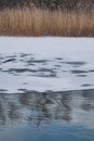 Minimalistic winter landscape of a steppe river with snow and a bank with dried reeds Royalty Free Stock Photo