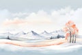 Minimalistic winter panoramic landscape with copy space, watercolor style
