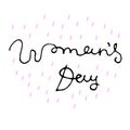 Minimalistic woman s Day text design with pink dash on white background. Vector illustration. Woman s Day greeting calligraphy