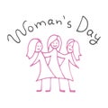 Minimalistic woman s Day text design with pink girls on white background. Vector illustration. Woman s Day greeting