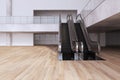 Minimalistic wooden and concrete empty shopping mall interior with escalator. Large public interiors concept.