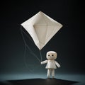 Minimalistic Wooden Doll Flying White Kite On Dark Background