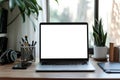 Minimalistic Work Area With Laptop, Blank Screen, And Office Supplies On Desk