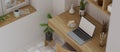 Minimalistic working space, laptop empty screen on wooden table, house plants, white wallpaper