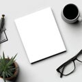 A Minimalistic Workspace Featuring a Blank Notepad, Coffee Mug, Glasses, Plant, and Stationery Elements for Inspired Creativity Royalty Free Stock Photo