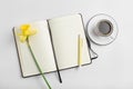 Minimalistic workspace. white work desk with coffee mug, notepad, pen and flower. top view, flat lay Royalty Free Stock Photo