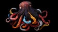 Minimalistic Yarn Painting: Happy Octopus On Black Background