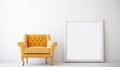 Minimalistic Yellow Armchair With Golden Frame Against White Wall