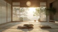 Minimalistic zen japanese tea room with tatami mats and soft window light, high res photography Royalty Free Stock Photo