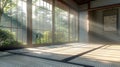 Minimalistic zen japanese tea room with tatami mats and soft window light, high res photography Royalty Free Stock Photo