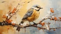 Minimalistic Zen Painting Of Bird On Branch In Spring