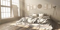 Minimalistik bedroom layout in loft style in the rays of sunligh