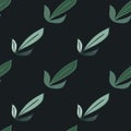 Minimlistic dark seamless pattern with green outline leaves ornament. Black background. Simple style Royalty Free Stock Photo