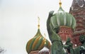 Minin and Pozharsky monument and famous Saint Basil`s Cathedral on Red Square, Moscow, Russia. Retro capture on film