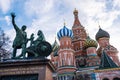 Minin and Pozharsky statues in front of The Cathedral of Vasily the Blessed in Moscow Royalty Free Stock Photo