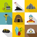 Mining activities icons set, flat style