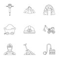 Mining activities icons set, outline style