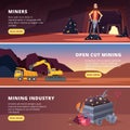 Mining banners. Natural resource production industry workers in helmet mining treasures exact vector flat banners with place for