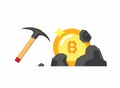 Mining bitcoin in blackstone with pickaxe flat illustration vector Royalty Free Stock Photo