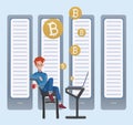 Mining bitcoin concept. Young man sitting at the computer in the server room. Cryptocurrency mining farm. Vector Royalty Free Stock Photo