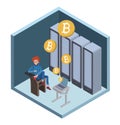 Mining bitcoin concept. Young man sitting at the computer in the server room. Cryptocurrency mining farm. Vector Royalty Free Stock Photo