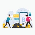 Mining bitcoin design concept with tiny people using shovel and business icon