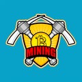 Mining Bitcoin emblem. Pick Cryptocurrency sign. Extraction of C