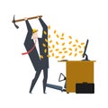 Mining bitcoin. Minir Extraction Crypto currency businessman screams for virtual money. Vector illustration