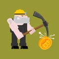 Mining bitcoin. Minir Extraction Crypto currency businessman screams for virtual money. Vector illustration