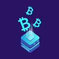 Mining bitcoin server vector icon in isometric style. Blockchain crypto money farm datacenter illustration background. Block